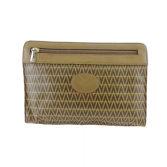 Mario Valentino Clutch Bag MV Mark Beige PVC ?~ Leather Authentic Used T19369